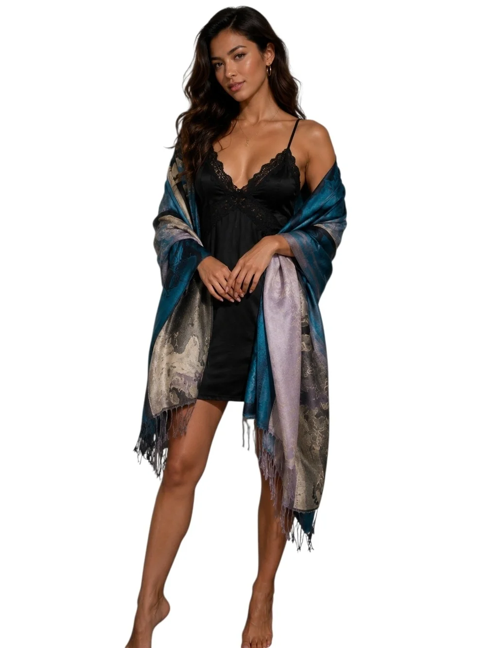 Vintage Ama Waterways Silk Feel Fringe Shawl Wrap Scarf Blue Abstract